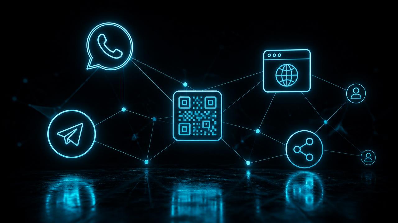 Iconos de WhatsApp, Telegram, QR, web y redes sociales conectados como agente omnicanal