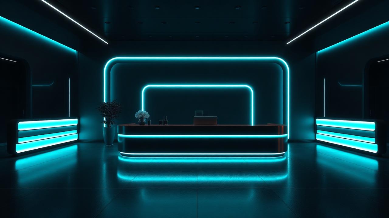 Recepción corporativa futurista con iluminación cian, símbolo de la recepción inteligente 24/7